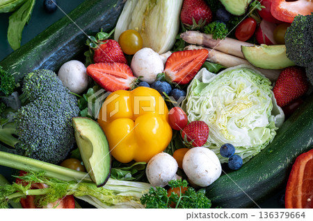 Close-up, bright fresh vegetables, fruits and berries. Close-up, bright fresh vegetables, fruits and berries. 136379664