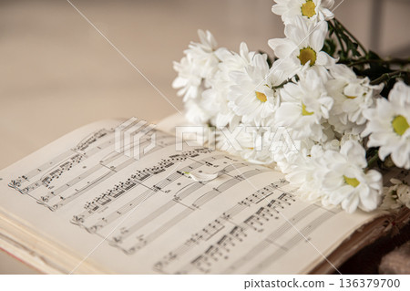 Close-up of musical notes and a bouquet of flowers. 136379700