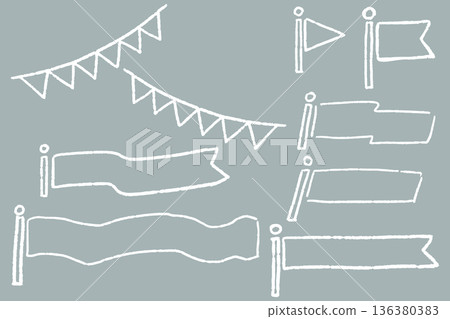 白色線條手繪花環和旗幟線條畫套裝 136380383
