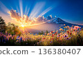 在一個鮮花盛開的清晨，陽光灑在富士山上。 136380407