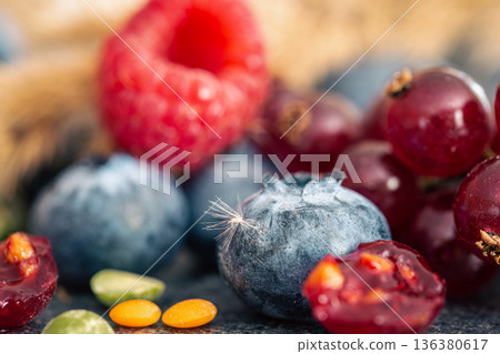 Natural background with different wild berries, macro shot. 136380617