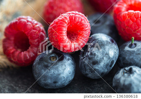 Natural background with different wild berries, macro shot. 136380618