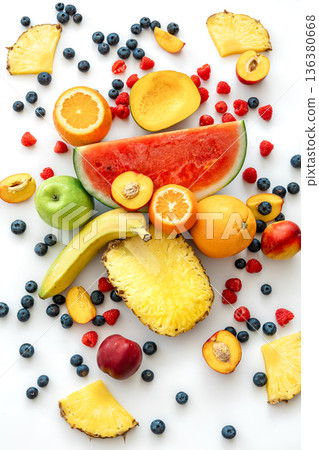 Tropical fruits on a white background top view. Tropical fruits on a white background top view. 136380668