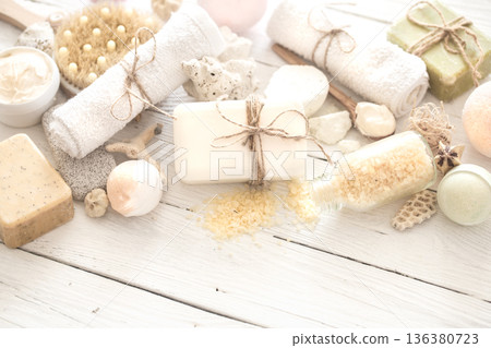 objects Spa on a light wooden background objects Spa on a light wooden background 136380723