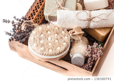 organic spa products in a wooden box 136380741