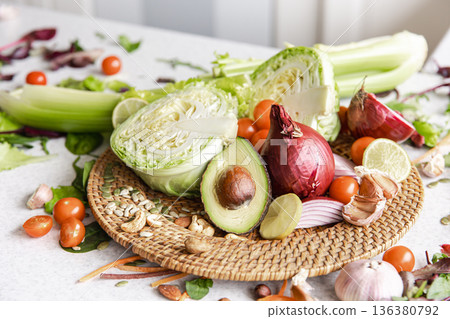 Plate with vegetables, seeds and nuts, generative AI. Plate with vegetables, seeds and nuts, generative AI. 136380792