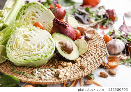 Plate with vegetables, seeds and nuts, generative AI. Plate with vegetables, seeds and nuts, generative AI. 136380793