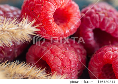 Ripe raspberries macro shot, selective focus, fruit background. Ripe raspberries macro shot, selective focus, fruit background. 136380843