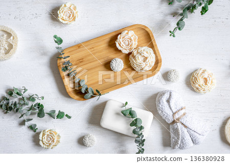 Spa composition flat lay on white background. 136380928