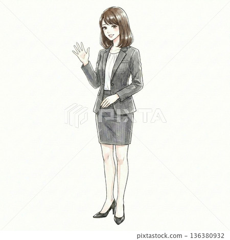 圖解：一位身穿職業套裝的年輕女子揮手 136380932