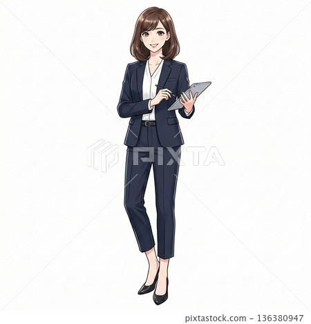 一位身穿職業套裝的年輕女子正在使用平板電腦的插圖 136380947
