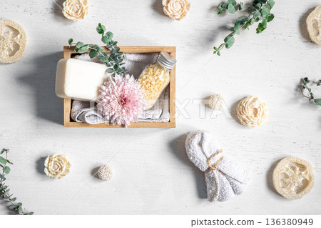 Spa composition flat lay on white background. Spa composition flat lay on white background. 136380949
