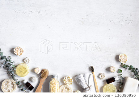 Spa composition flat lay on white background, copy space. Spa composition flat lay on white background, copy space. 136380950