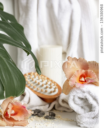 Spa composition with bath accessories and Thai orchid flowers. Spa composition with bath accessories and Thai orchid flowers. 136380968