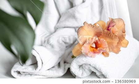 Spa composition with bath accessories and Thai orchid flowers. Spa composition with bath accessories and Thai orchid flowers. 136380969