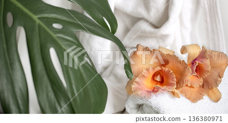 Spa composition with bath accessories and Thai orchid flowers. Spa composition with bath accessories and Thai orchid flowers. 136380971