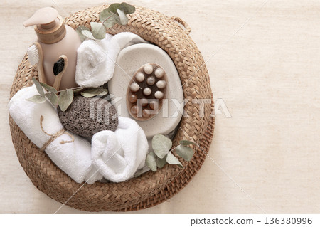 Spa composition with personal hygiene items, body care concept. 136380996