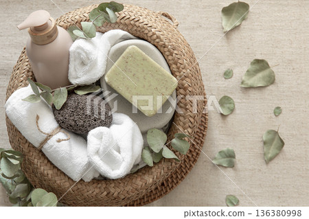 Spa composition with personal hygiene items, body care concept. 136380998