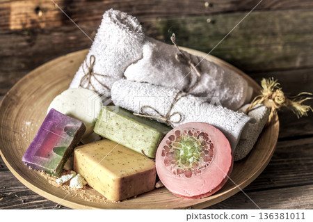 Spa composition with soap wooden background, Spa composition with soap wooden background, 136381011