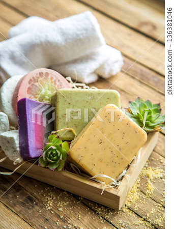 Spa soap in a wooden box 136381046