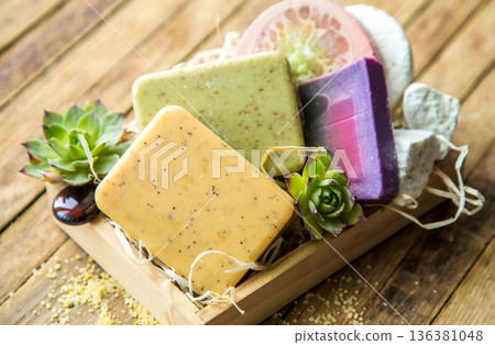 Spa soap in a wooden box Spa soap in a wooden box 136381048