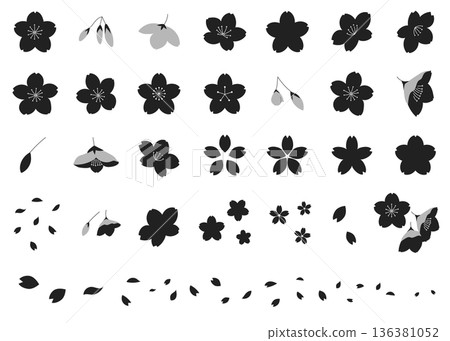 A set of silhouette illustrations of cherry blossoms in various shapes A set of silhouette illustrations of cherry blossoms in various shapes 136381052