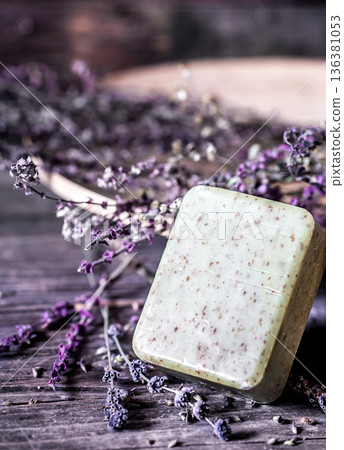Spa soap on wooden background 136381053
