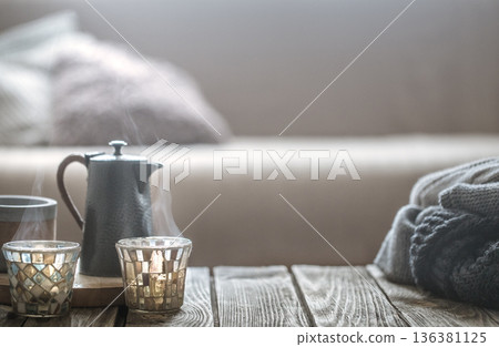 still life from home interior on wooden background 136381125