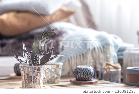 still life with home decor elements on the table 136381255