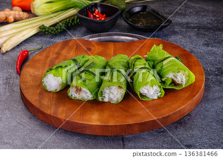 Vietnamese green nem spring rolls in leaf Vietnamese green nem spring rolls in leaf 136381466