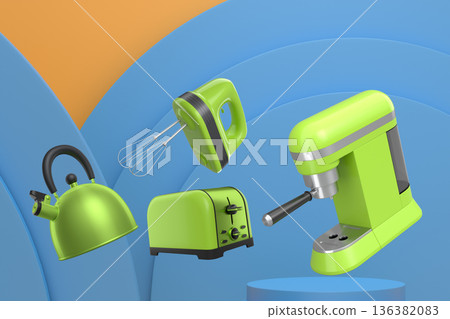 Assorted kitchen appliances including mixer, toaster, kettle and coffee maker over podium on abstract background Assorted kitchen appliances including mixer, toaster, kettle and coffee maker over podium on abstract background 136382083