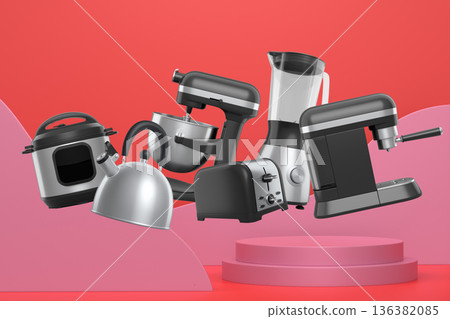 Set of kitchen appliances including mixer, toaster, blender, and coffee maker on white colorful podium and background Set of kitchen appliances including mixer, toaster, blender, and coffee maker on white colorful podium and background 136382085