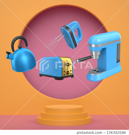 Assorted kitchen appliances including mixer, toaster, kettle and coffee maker over podium on abstract background Assorted kitchen appliances including mixer, toaster, kettle and coffee maker over podium on abstract background 136382086
