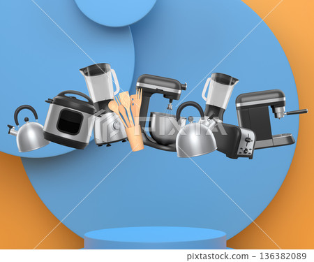 Set of kitchen appliances including mixer, toaster, blender, and coffee maker on white colorful podium and background 136382089