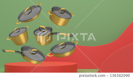 Set of kitchen cookware set with lids floating in midair, over colorfull podium and backdrop, concept of premium utensils Set of kitchen cookware set with lids floating in midair, over colorfull podium and backdrop, concept of premium utensils 136382090