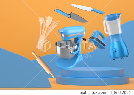 Various kitchen tools including mixer, blender, knives, and utensils floating over podium on abstract background Various kitchen tools including mixer, blender, knives, and utensils floating over podium on abstract background 136382095