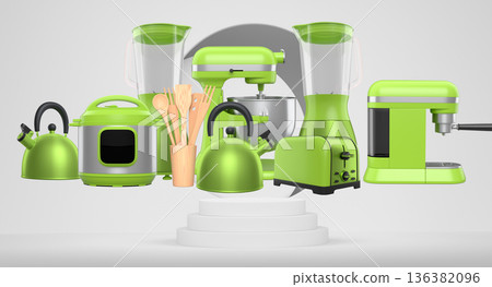 Set of kitchen appliances and utensils floating in mid-air over podium and abstract background, modern cooking concepts Set of kitchen appliances and utensils floating in mid-air over podium and abstract background, modern cooking concepts 136382096