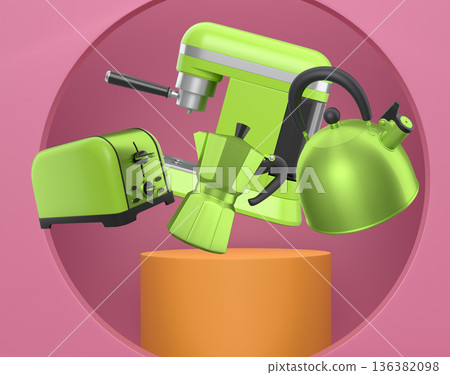 Assorted kitchen appliances including toaster, kettle and coffee maker over podium on abstract background Assorted kitchen appliances including toaster, kettle and coffee maker over podium on abstract background 136382098