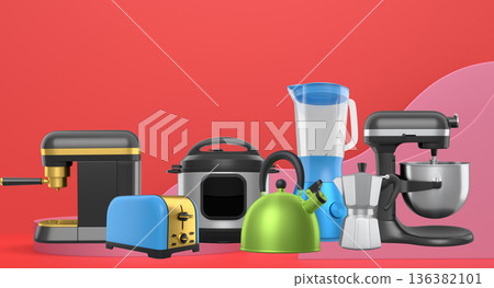 Set of kitchen appliances and utensils floating in mid-air over podium and abstract background, modern cooking concepts 136382101