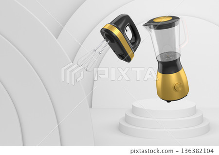 Set of kitchen appliances including blender and hand mixer, floating over podium on abstract background Set of kitchen appliances including blender and hand mixer, floating over podium on abstract background 136382104