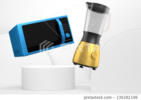 Set of microwave and blender floating above podium, minimal style, abstract background, modern kitchen appliances concept 136382106