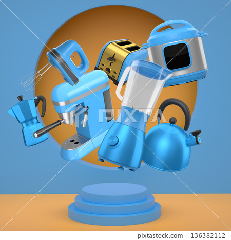 Set of kitchen appliances and utensils floating in mid-air over podium and abstract background, modern cooking concepts Set of kitchen appliances and utensils floating in mid-air over podium and abstract background, modern cooking concepts 136382112
