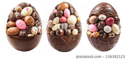 Assortment of chocolate Easter eggs in decorative chocolate shell, isolated on white transparent background. Assortment of chocolate Easter eggs in decorative chocolate shell, isolated on white transparent background. 136382123