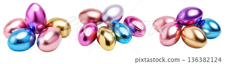 Set of Chocolate Easter eggs wrapped in metallic foil of gold, silver, pink, and blue isolated on white transparent background Set of Chocolate Easter eggs wrapped in metallic foil of gold, silver, pink, and blue isolated on white transparent background 136382124