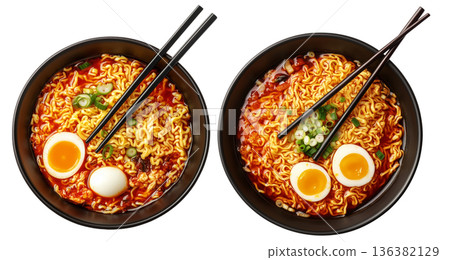 Delicious Korean ramen with boiled eggs, grilled pork, onions, and seaweed in black bowl isolated on white background 136382129