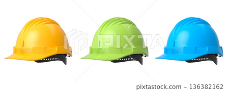 Set of construction safety helmets isolated on white transparent background, symbolizing safety and industry standards Set of construction safety helmets isolated on white transparent background, symbolizing safety and industry standards 136382162
