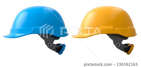 Set of construction safety helmets isolated on white transparent background, symbolizing safety and industry standards Set of construction safety helmets isolated on white transparent background, symbolizing safety and industry standards 136382163