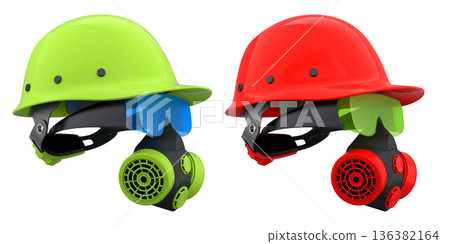 Protective helmets with respirators on white background with clipping path, safety equipment 136382164