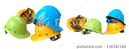 Set of construction safety helmets isolated on white transparent background, symbolizing safety and industry standards Set of construction safety helmets isolated on white transparent background, symbolizing safety and industry standards 136382166