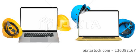Laptops with blank screens surrounded by construction helmets, isolated on white background with clipping path, workplace safety Laptops with blank screens surrounded by construction helmets, isolated on white background with clipping path, workplace safety 136382167
